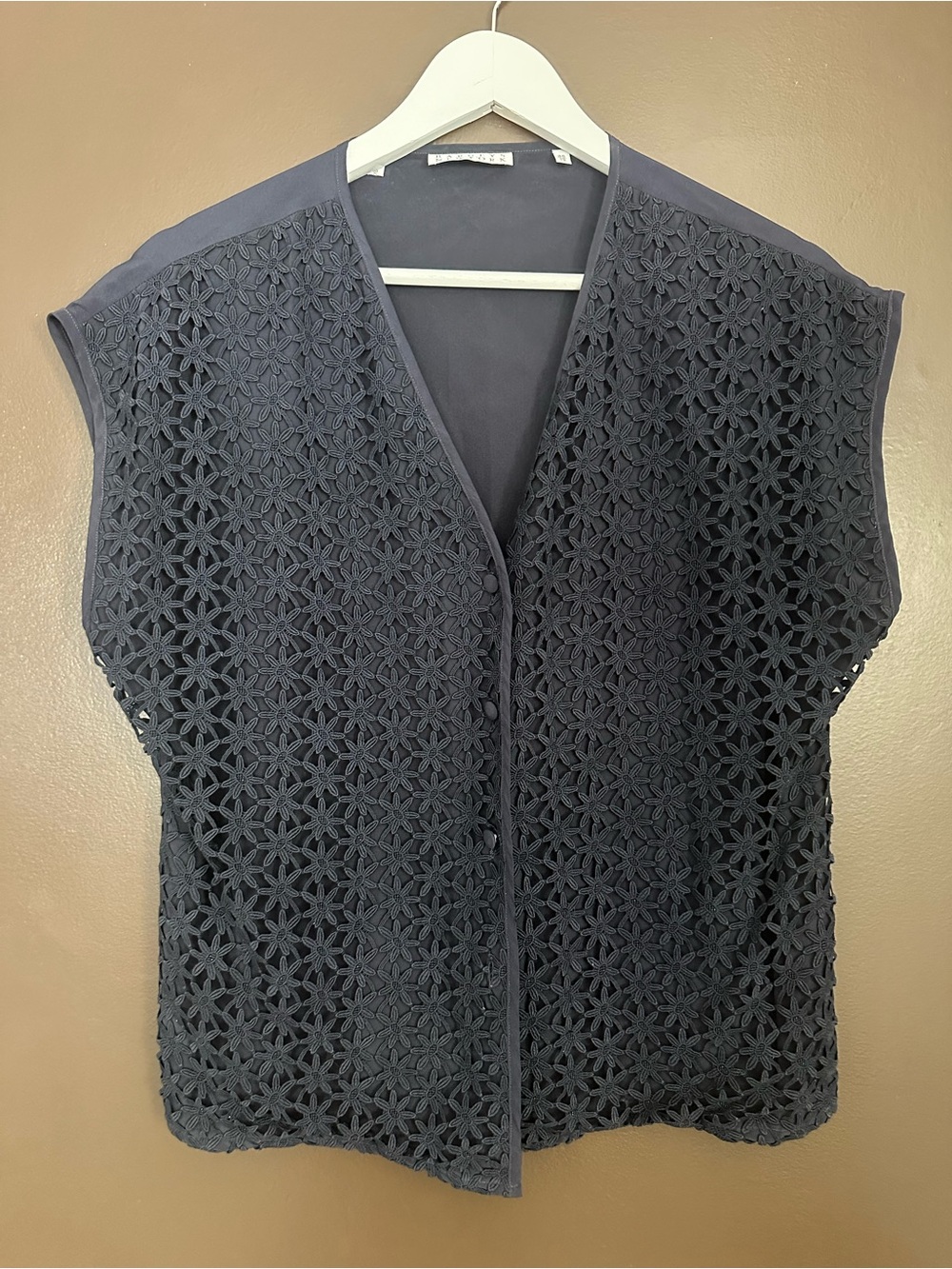BARNEYS NEW YORK Vintage 100% Silk Lace Overlay Button Down Blouse Size 12
